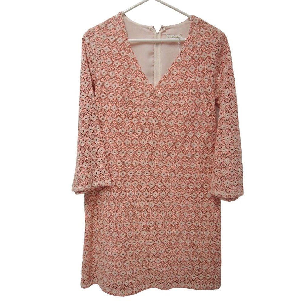 NWOT Shoshanna Womens Dress 8 Macrame Eyelet 3/4 Sleeve V-Neck Shift Pink White